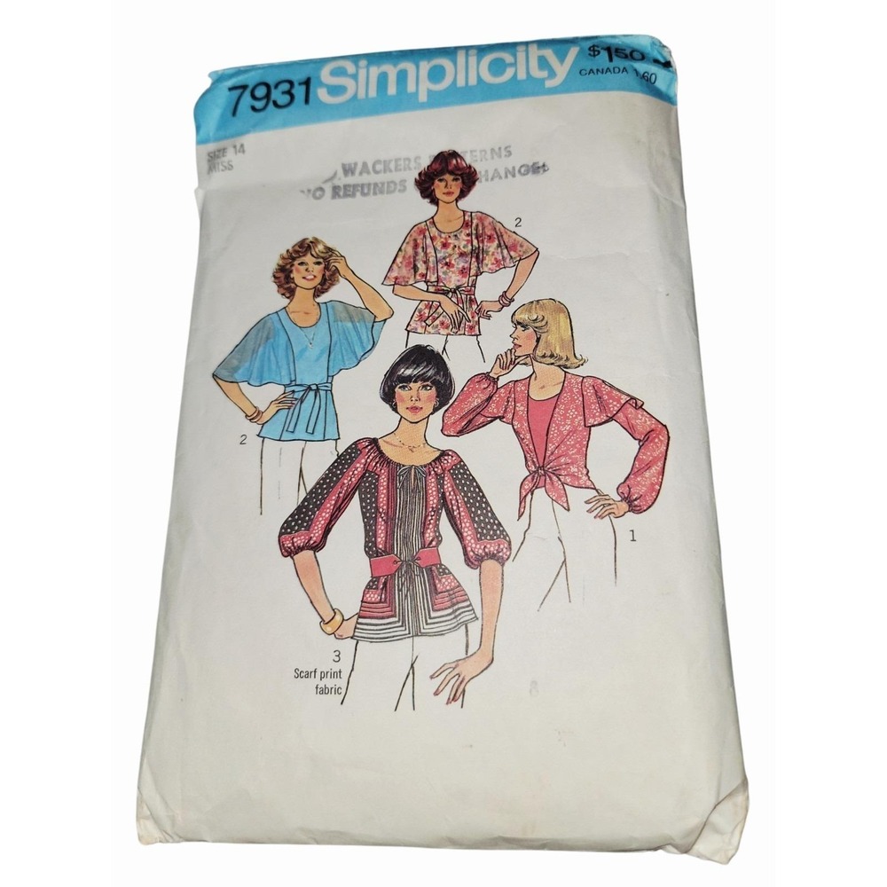 Vintage Simplicity 7931 Misses‎ Blouse Sewing Pattern Size 14 Boho 1970s Cut